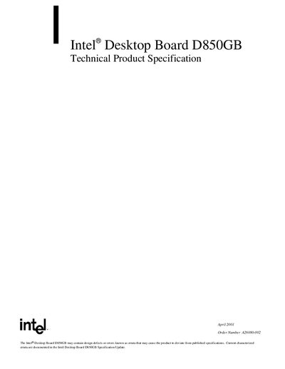 Intel D850GB Desktop Board Technical Specification - cover page