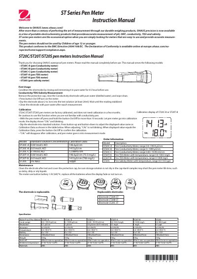 OHAUS ST Series Pen Meter Instruction Manual - cover page