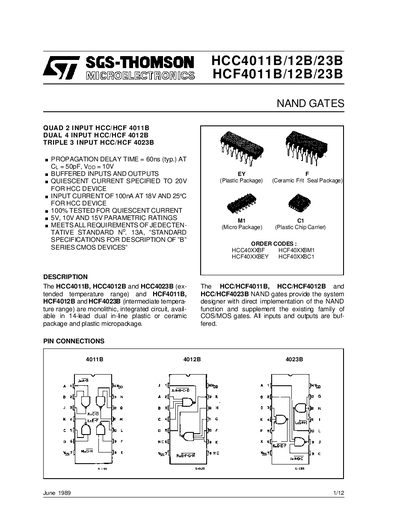 SGS-Thomson HCC4011B/12B/23B HCF4011B/12B/23B NAND Gates Handbook - cover page