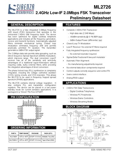 Sirenza Microdevices ML2726 Transceiver Datasheet - cover page