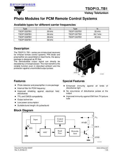 Vishay TSOP13..TB1 Series Infrared Receiver Datasheet - cover page