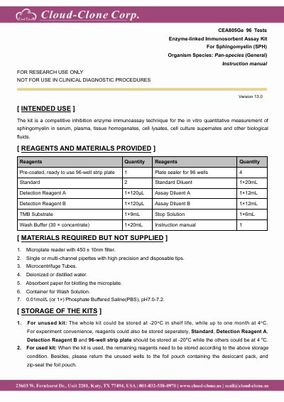 CEA CEA805Ge Sphingomyelin ELISA Kit Instruction Manual