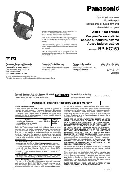 Panasonic RP-HC150 Stereo Headphones User Manual - cover page