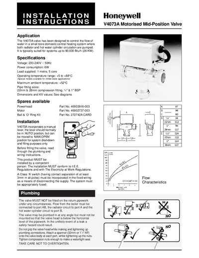 Honeywell V4073A Motorised Mid‑Position Valve Installation Guide - cover page
