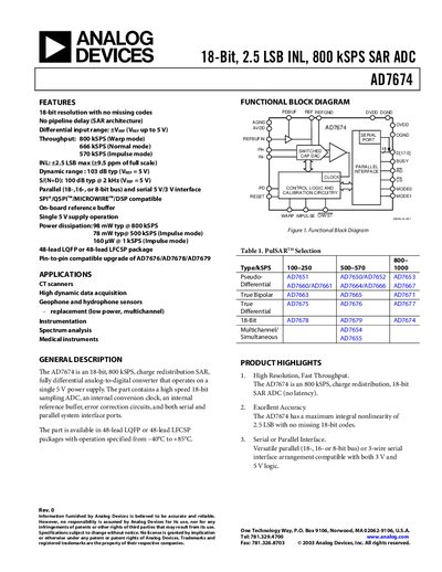 ANALOG DEVICES 18-Bit 2.5 LSB INL 800 kSPS SAR ADC Manual - cover page
