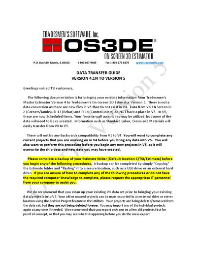 Tradesmen Master Estimator Version 4.1N to On‑Screen 3D Estimator Version 5 Data Transfer Guide - cover page