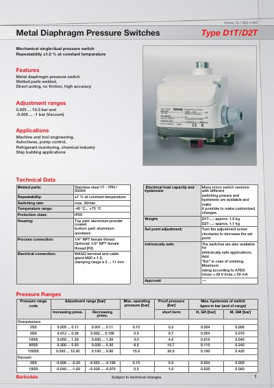 Barksdale D1T/D2T Metal Diaphragm Pressure Switches Technical Data - cover page