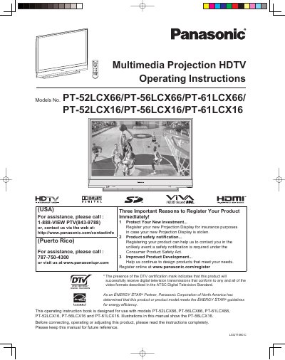 Panasonic PT-52LCX66/PT-56LCX66/PT-61LCX66/PT-52LCX16/PT-56LCX16/PT-61LCX16 Manual - cover page