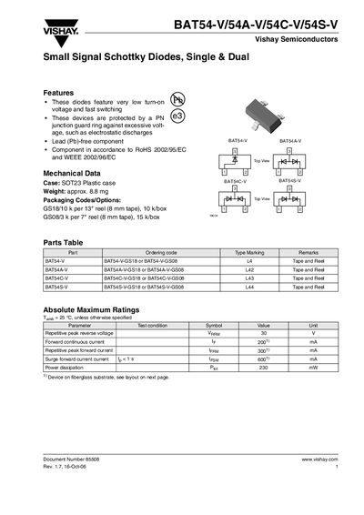 Vishay BAT54-V/54A-V/54C-V/54S-V Datasheet - cover page