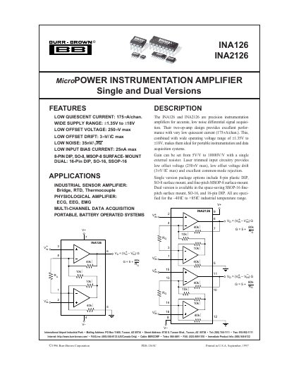 Burr-Brown INA126/INA2126 Instrumentation Amplifier Datasheet - cover page