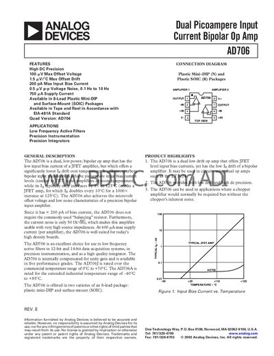 Analog Devices AD706 Dual Op Amp Datasheet - cover page