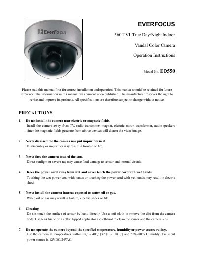 EverFocus ED550 True Day/Night Indoor Vandal Color Camera Operation Instructions - cover page