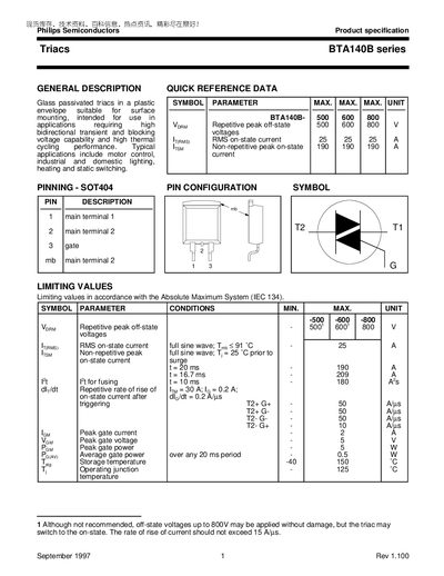 Philips BTA140B Series Triac Datasheet - cover page