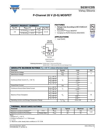 Vishay Siliconix Si2301CDS P-Channel MOSFET Datasheet