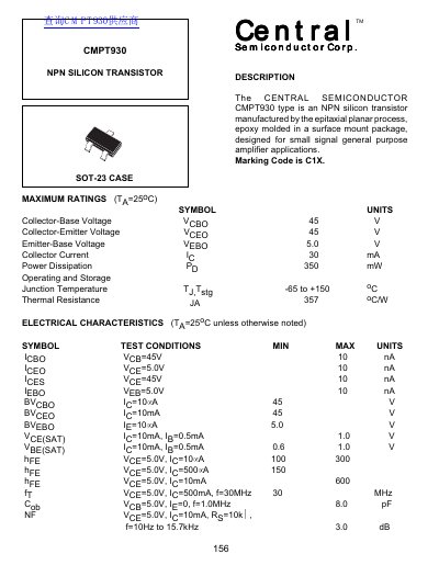 Central Semiconductor Corp. CMPT930 NPN Silicon Transistor Datasheet - cover page