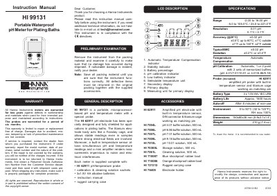 Hanna Instruments HI 99131 Portable Waterproof pH Meter Instruction Manual - cover page