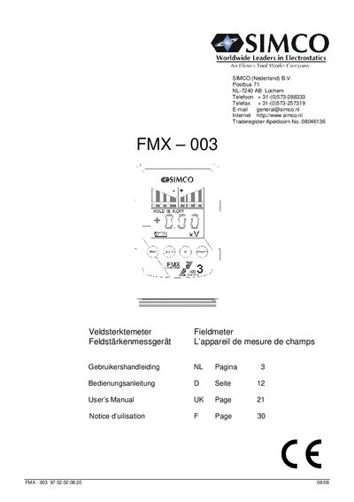 SIMCO FMX-003 Fieldmeter User Manual - cover page