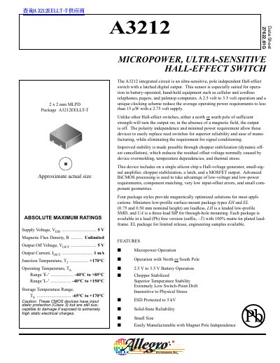 Allegro MicroSystems A3212 Hall-Effect Switch Datasheet - cover page