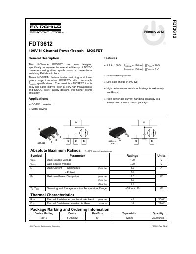 Fairchild FDT3612 N-Channel PowerTrench MOSFET Datasheet - cover page