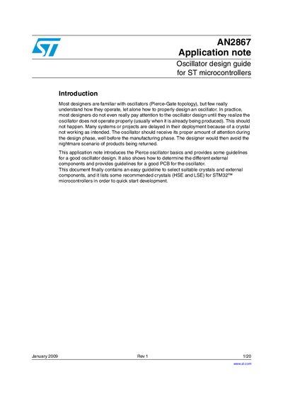 STMicroelectronics AN2867 Application Note Oscillator Design Guide - cover page