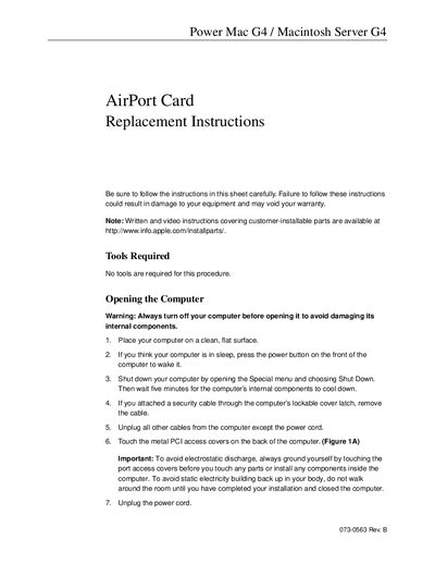 Apple Power Mac G4 AirPort Card Replacement Instructions - cover page