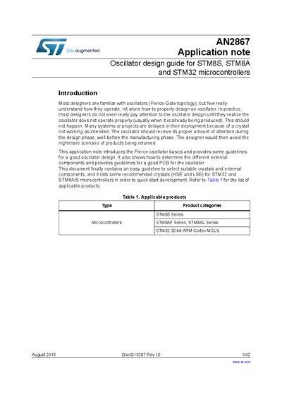 STMicroelectronics STM8S, STM8A and STM32 Oscillator Design Guide Application Note - cover page