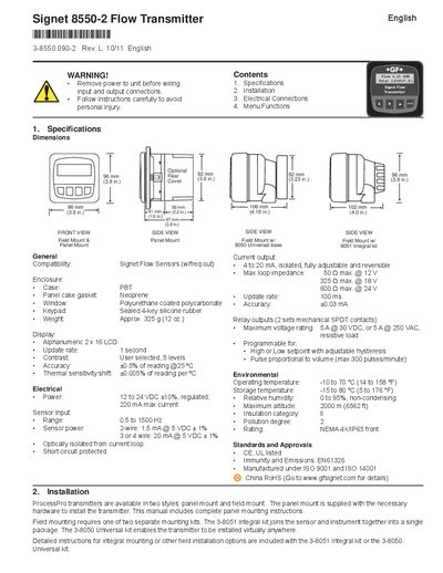 Signet 8550-2 Flow Transmitter User Manual - cover page