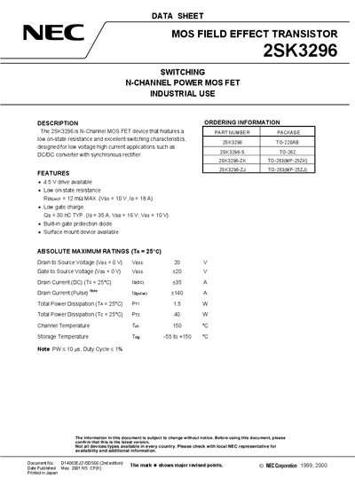 NEC 2SK3296 N-Channel Power MOS FET Datasheet