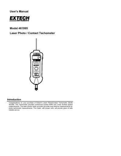 Extech Model 461995 Laser Photo/Contact Tachometer User's Manual - cover page