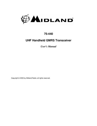 Midland 75-440 UHF Handheld GMRS Transceiver User's Manual - cover page