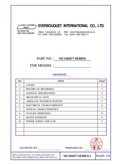 Everbouquet MC1602F7 Series LCD Module Datasheet - cover page
