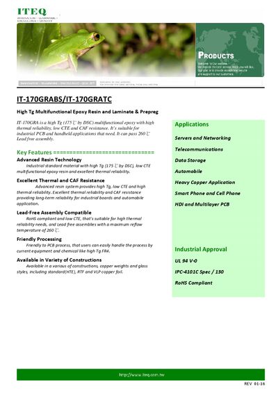 ITEQ IT-170GRA High Tg Multifunctional Epoxy Resin and Laminate & Prepreg Data Sheet - cover page