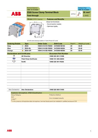 ABB ZS35 Screw Clamp Terminal Block 35 mm Feed-through Technical Datasheet
