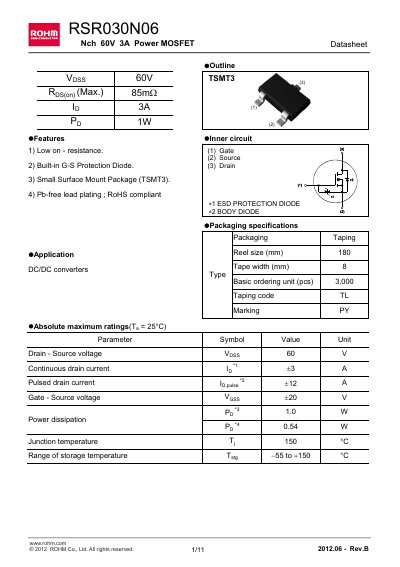 ROHM RSR030N06 Power MOSFET Datasheet - cover page