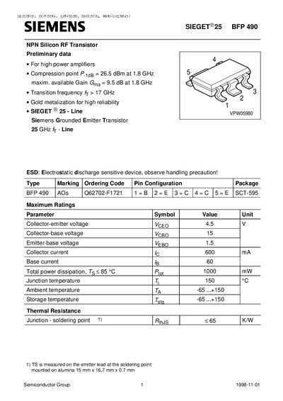 Siemens BFP 490 NPN Silicon RF Transistor Datasheet - cover page