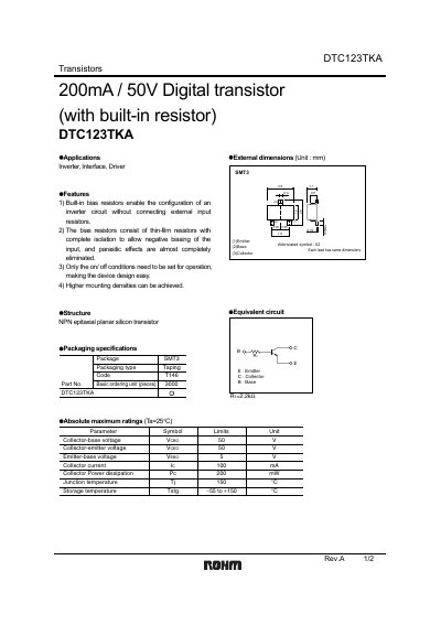 ROHM DTC123TKA Digital Transistor Datasheet - cover page