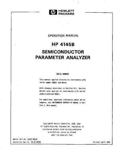HP 4145B Semiconductor Parameter Analyzer Operation Manual - cover page