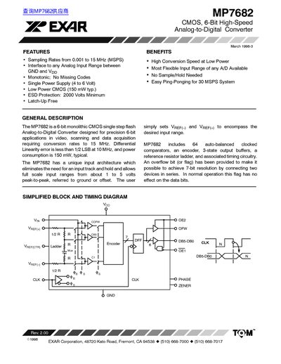 EXAR MP7682 CMOS 6-Bit High-Speed Analog-to-Digital Converter Datasheet - cover page