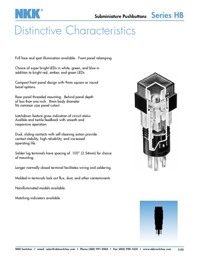 NKK HB Series Subminiature Pushbuttons Distinctive Characteristics Handbook - cover page