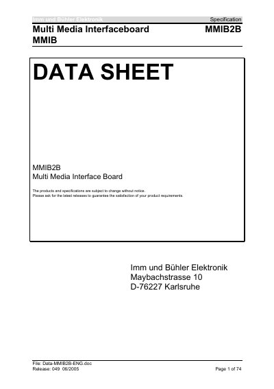 Imm und Bühler MMIB2B Multi Media Interface Board Data Sheet - cover page