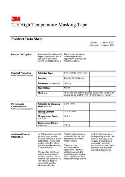 3M 213 High Temperature Masking Tape Data Sheet - cover page