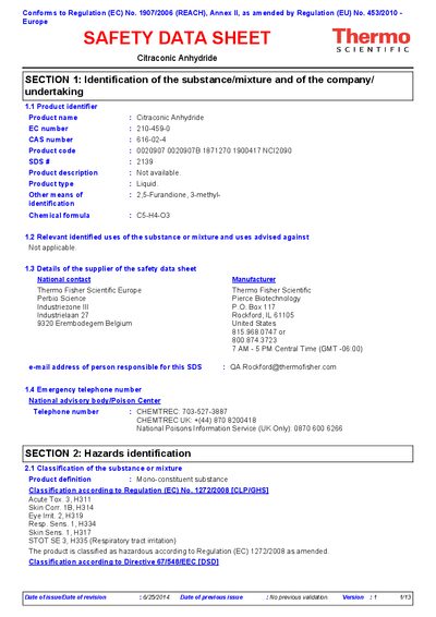 Thermo Fisher Scientific Citraconic Anhydride Safety Data Sheet - cover page