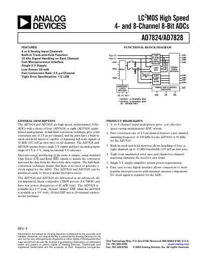 Analog Devices AD7824/AD7828 High‑Speed 8‑Bit ADCs Datasheet - cover page