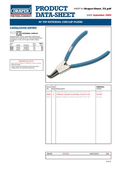 Draper 90° Tip External Circlip Pliers Product Sheet - cover page