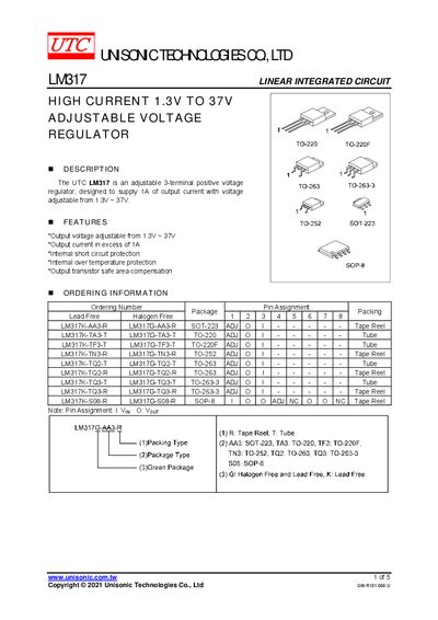 Unisonic Technologies LM317 Linear Voltage Regulator Datasheet