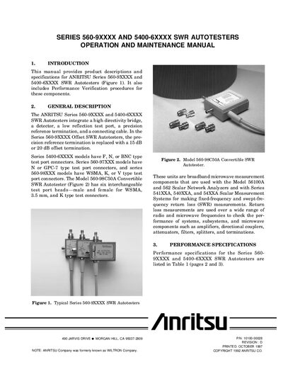 ANRITSU Series 560-9XXXX and 5400-6XXXX SWR Autotesters Operation and Maintenance Manual - cover page