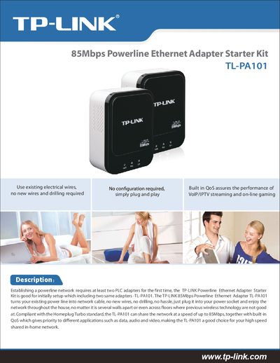 TP-LINK 85Mbps Powerline Ethernet Adapter Starter Kit TL-PA101 User Guide - cover page
