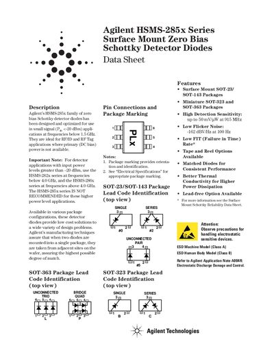 Agilent HSMS-285x Series Surface Mount Zero Bias Schottky Detector Diodes Datasheet - cover page