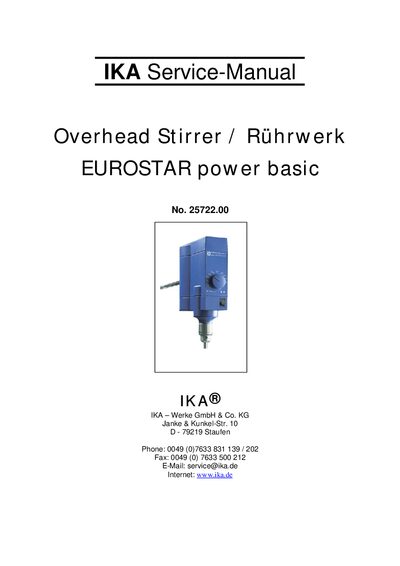 IKA EUROSTAR Power Basic Overhead Stirrer Service Manual - cover page