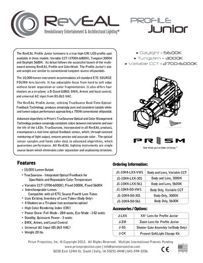 Prism Projection J1-10K4-LXX RevEAL Profile Junior Product Leaflet - cover page